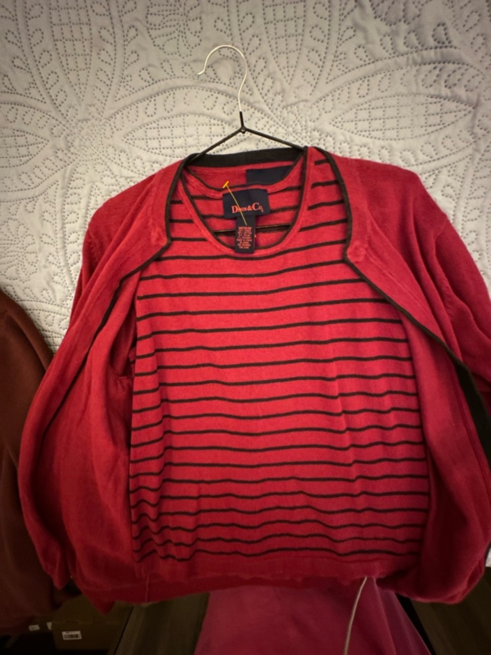 Denim & Co Red Striped Sweater and Cardigan Set